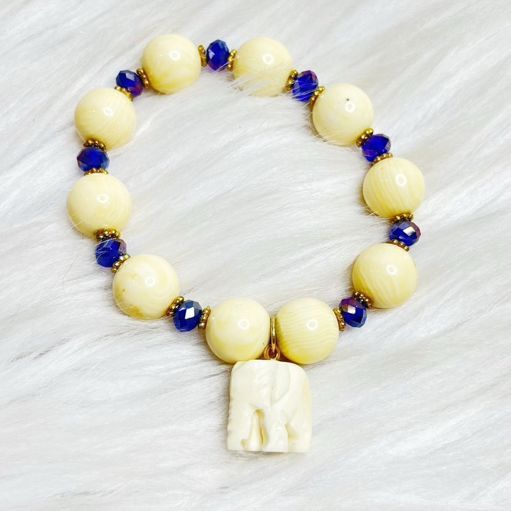 Elephant Beaded and Jeweled Elastic Bracelet Cream and Purple